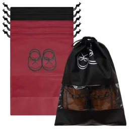 Kuber Industries Black & Red Pack of 6 Printed Non-Woven Shoe Cover With Drawstring-29