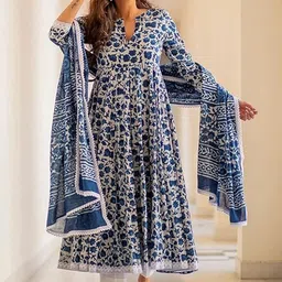 PINGHAKS Floral Printed Notch Neck Pure Cotton Anarkali With Palazzos & Dupatta-picture-29