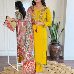 KALINI Floral Embroidered V-Neck Straight Kurta With Trousers And Dupatta-image-70