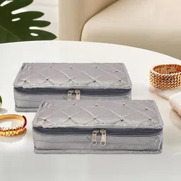 Kuber Industries Grey & Gold Toned Set of 2 Satin Jewellery Organiser Kit With 6 Pouches-63