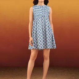 PURVAJA Ethnic-Fusion Feel Women Geometric Printed Gathered Round Neck Cotton A-Line Dress-picture-34