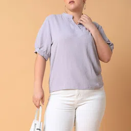 SHOWOFF Mandarin Collar Roll-Up Sleeves Crepe Top-28