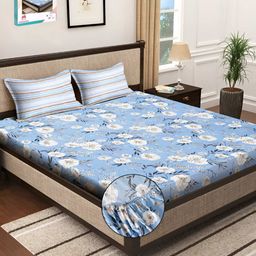 Myntra Elegant Homes Blue & White Floral Printed Fitted 300 TC Super King Bedsheet with 2 Pillow Covers-image-47