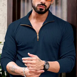 kajaru Men Self Design Polo Neck Polycotton Dark Blue T-Shirt-picture-19