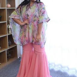 Swadeshi Shringaar Bubblegum Forest Lotus Georgette Sharara Set-picture-10