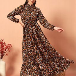 Jash Creation Animal Print Bishop Sleeve Tie-Up Neck Fit & Flare Maxi Dress-image-84
