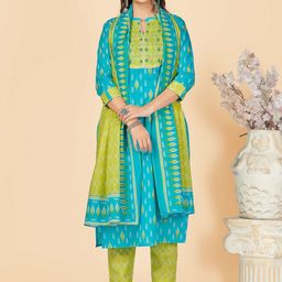 KALINI Geometric Printed Pure Cotton Straight Kurta With Trousers And Dupatta-13