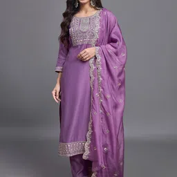 KALINI Floral Yoke Design Pure Silk Straight Kurta with Trousers & Dupatta-picture-55