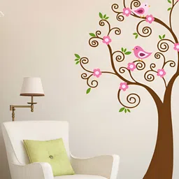 LANSTICK Pink & Green Tree with Birds Self Adhesive Wall Sticker-26
