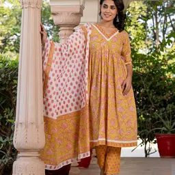 KALINI Women Floral Printed Regular Pure Cotton Kurta with Trousers & With Dupatta-image-87