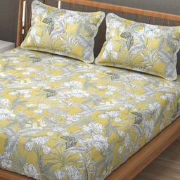 SEJ by Nisha Gupta Yellow & Grey Floral Microfiber 300TC Queen Bedsheet Set 2.28m x 2.40m-7