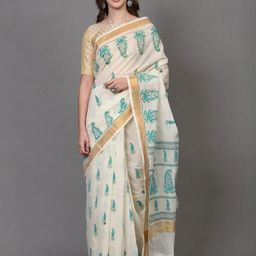 Exotic India Transparent-Yellow Cotton Paisley Printed Zari Border Saree-image-31