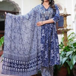SINGNI Women Printed Angrakha Pure Cotton Kurta with Palazzos & With Dupatta-56