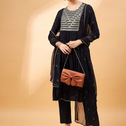 HERE&NOW Floral Yoke Design Pleated Mirror Work A-Line Kurta With Trousers & Dupatta-16
