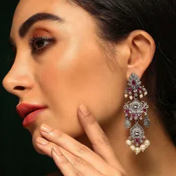 Priyaasi Silver Plated Stone Studded Oxidised Contemporary Drop Earrings-32