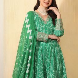 Sangria Women Bandhani Printed Empire Thread Work Pure Cotton Kurta with Trousers & With Dupatta-picture-27