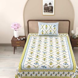 Jinaya's Multicoloured & Multicoloured Floral 210 TC Single Bedsheet with 1 Pillow Covers-image-84