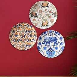 THE QUIRKY HOME 3-Pcs Blue & White Royal Elephant Medallions Printed Ceramic Wall Plates-image-32