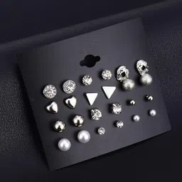 GOLDIWALA Set of 12 Silver-Plated Artificial Stone Studded Pearls Beaded Studs-5