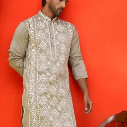 Jompers Ethnic Motifs Embroidered Mandarin Collar Sequinned Silk Cotton Straight Kurta-image-84