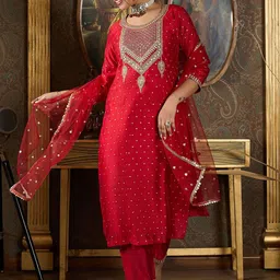Indo Era Floral Embroidered Sequinnce Work Kurta With Trousers & Dupatta-25