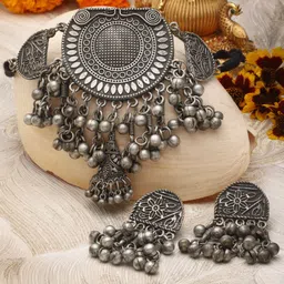 Moedbuille Silver-Plated Ghungroo-Studded Oxidised Jewellery Set-1