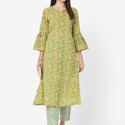 Fourleaf Women Floral Printed Cotton A-Line Kurta with Trousers-picture-2