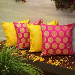 RoyalDeco Magenta & Beige 4 Pieces Ethnic Motifs Brocade Square Cushion Covers-picture-5