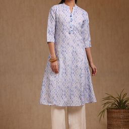 Soch Women Geometric Printed Panelled Mandarin Collar Thread Work Linen A-Line Kurta-9