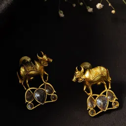 PANASH Gold-Plated Artificial Stones Studded Cow Shaped Drop Earrings-15