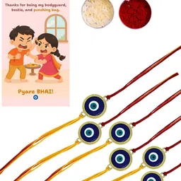 Anouk Set Of 6 Evil Eye Rakhi With Funny Card, Roli & Chawal image 3
