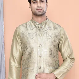 MAAHI FABS Mandarin Collar Straight Kurta with Pyjamas & Abstract UV Printed Nehru Jacket-3