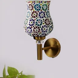 Devansh Blue Patterned Glass Wall Lamp With Shade image 2