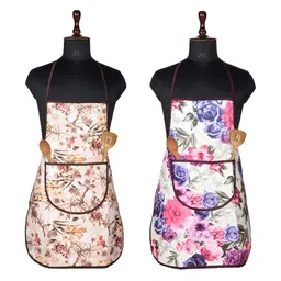 Aura White & Brown 2 Pieces Floral Printed Apron With Center Pocket-28