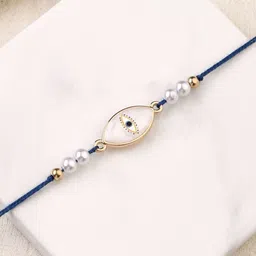 SALTY Set Of 2 Evil Eye Pearl Talisman Thread Rakhis With Roli & Chawal image 3