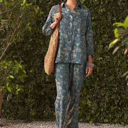 Lakshita Smokey Blue Printed Rayon Shirt With Trousers Co-ord Set For Women-image-4