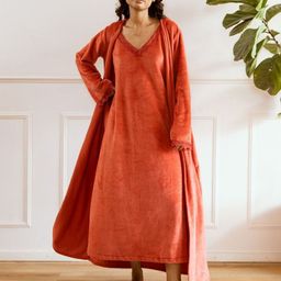 FEATHERS CLOSET Women V-Neck Woollen Sweat Nightdress & Shrug Set-image-86