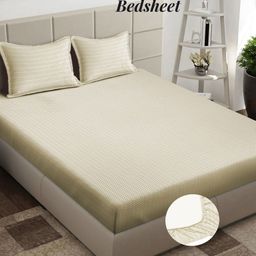Arrabi Cream-Coloured & Green Striped 300 TC King Bedsheet with 2 Pillow Covers-63