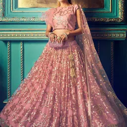 ODETTE Floral Embroidered Sequinned Net Semi-Stitched Lehenga & Blouse With Dupatta-3
