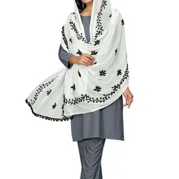 Kemza Women Chiffon Embroidered Floral Phulkari Dupatta with Pom Pom Lace-picture-20