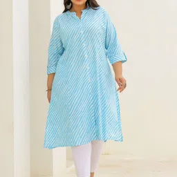 FLAVIA CREATION Plus Size Leheriya Printed Mandarin Collar Straight Cotton Kurta-picture-6