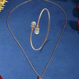 AMI Rose Gold-Plated Cubic Zirconia & Pearl Studded Jewellery Set-image-38