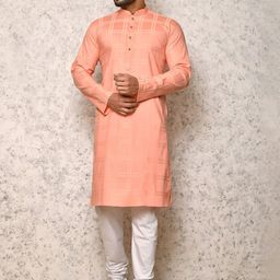 RANAK Geometric Woven Design Mandarin Collar Pure Cotton Straight Kurta With Churidar-image-4