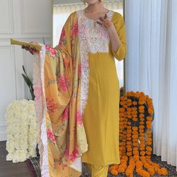 KALINI Embroidered Thread Work Straight Kurta with Trousers & Dupatta-20