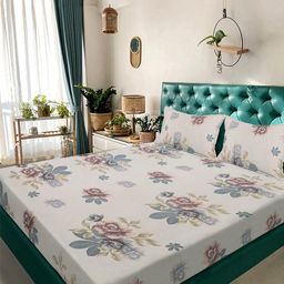 KLOTTHE Beige & Blue Floral 300 TC King Bedsheet with 2 Pillow Covers-image-39