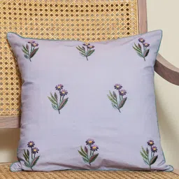 Crown of Poppies Lavender & Green Floral Embroidered Cotton Square Cushion Cover-5