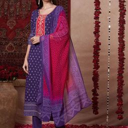 KALINI Bandhani Printed Scoop Neck Zari Straight Kurta With Trousers And Dupatta-11