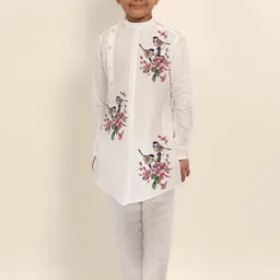 DEVOILER Boys Ethnic Motifs Printed Mandarin Collar Dupion Silk Straight Kurta-image-64