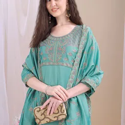 KALINI Ethnic Motifs Embroidered Regular Thread Work Kurta with Trousers & With Dupatta image 3