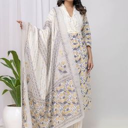 Jaipur Love Floral Printed Shawl Collar Cotton Straight Kurta With Trousers & Dupatta-picture-48